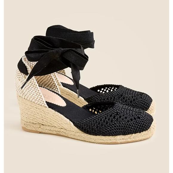 NWT Women's J.Crew Made in Spain Crochet Lace Up Espadrilles in Black size 8.5 - Picture 1 of 8
